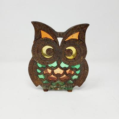 VINTAGE WROUGHT IRON STAINED GLASS OWL DECO