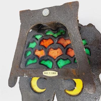 VINTAGE WROUGHT IRON STAINED GLASS OWL DECO