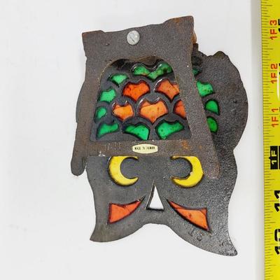 VINTAGE WROUGHT IRON STAINED GLASS OWL DECO