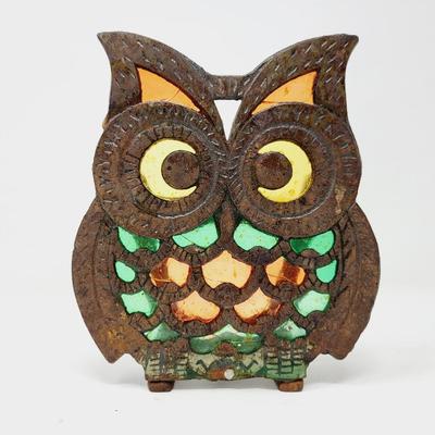 VINTAGE WROUGHT IRON STAINED GLASS OWL DECO