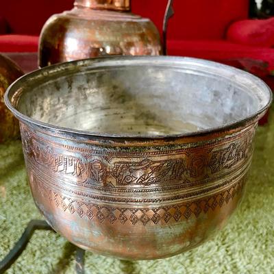 LOT 140  GROUP OF 3 DECORATIVE TURKISH COPPER VESSELS