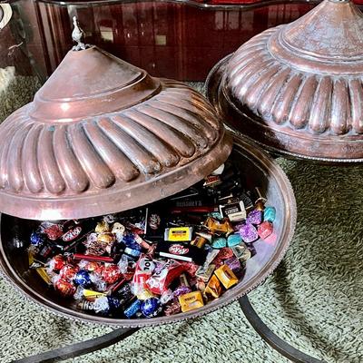 LOT 142   LARGE COPPER PLATTERS W/PAGODA DOMED LIDS DECORATIVE TURKEY