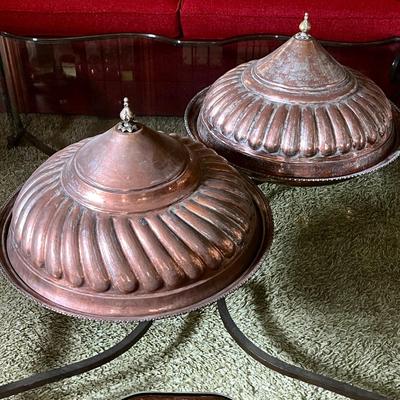LOT 142   LARGE COPPER PLATTERS W/PAGODA DOMED LIDS DECORATIVE TURKEY