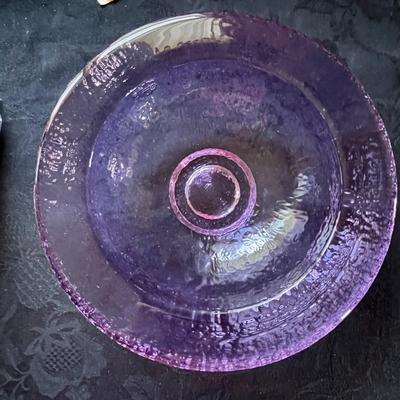 LLOT 157  FIRE & LIGHT WIDE LIP FOOTED BOWL SIGNED LAVENDER ARCATA CALIFORNIA RECYCLED HEAVY GLASS