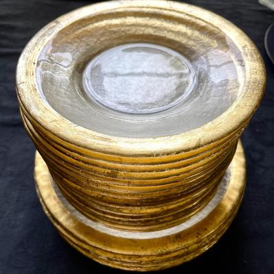LOT 159  STACK OF PEBBLED GLASS PLATES W/THICK PAINTED GOLD RIMS.