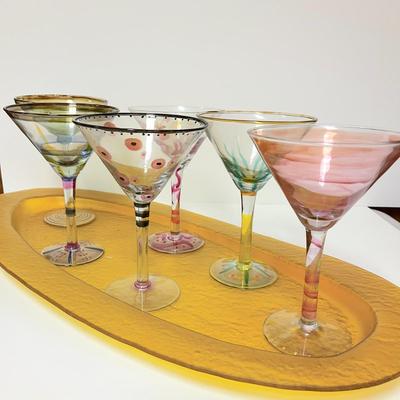 LOT 163  HAND PAINTED MARTINI GLASSES GLASS TRAY