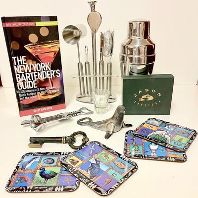 LOT 164  BARTENDER'S GROUP TOOLS OPENERS COASTERS & BOOK