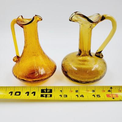 VINTAGE AMBER CRACKLE GLASS PETITE PITCHER VASES