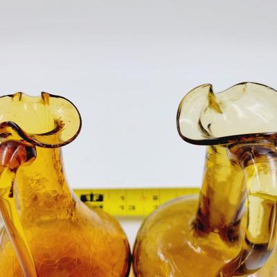VINTAGE AMBER CRACKLE GLASS PETITE PITCHER VASES
