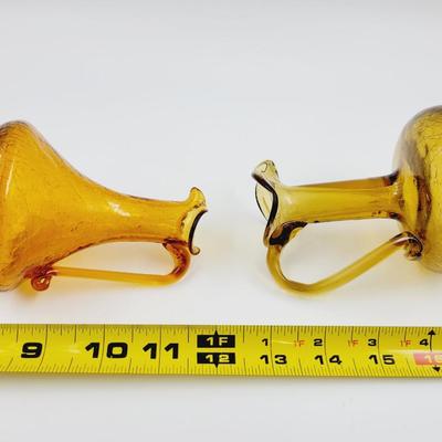VINTAGE AMBER CRACKLE GLASS PETITE PITCHER VASES