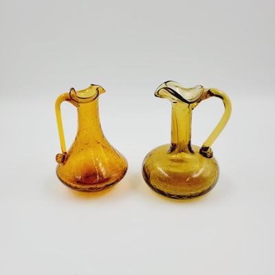 VINTAGE AMBER CRACKLE GLASS PETITE PITCHER VASES