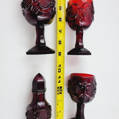 AVON CAPE COD RUBY RED GOBLETS AND COLOGNE SHAKER