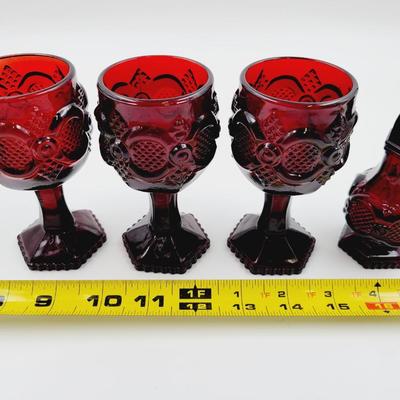 AVON CAPE COD RUBY RED GOBLETS AND COLOGNE SHAKER