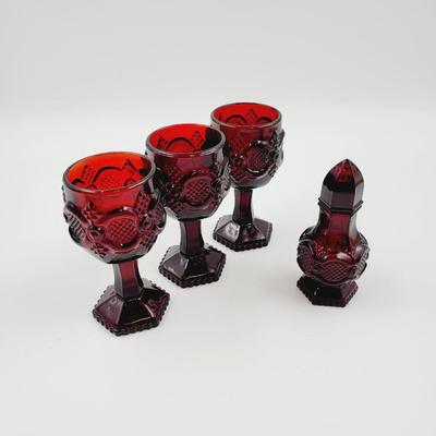 AVON CAPE COD RUBY RED GOBLETS AND COLOGNE SHAKER