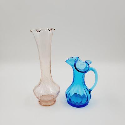 PRETTY BLUE PITCHER AND PINK BLUSH CRACKLE VASE