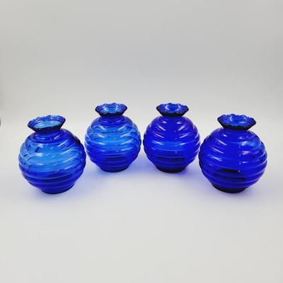 VINTAGE COBALT BLUE RIBBED VASES MARKED USA