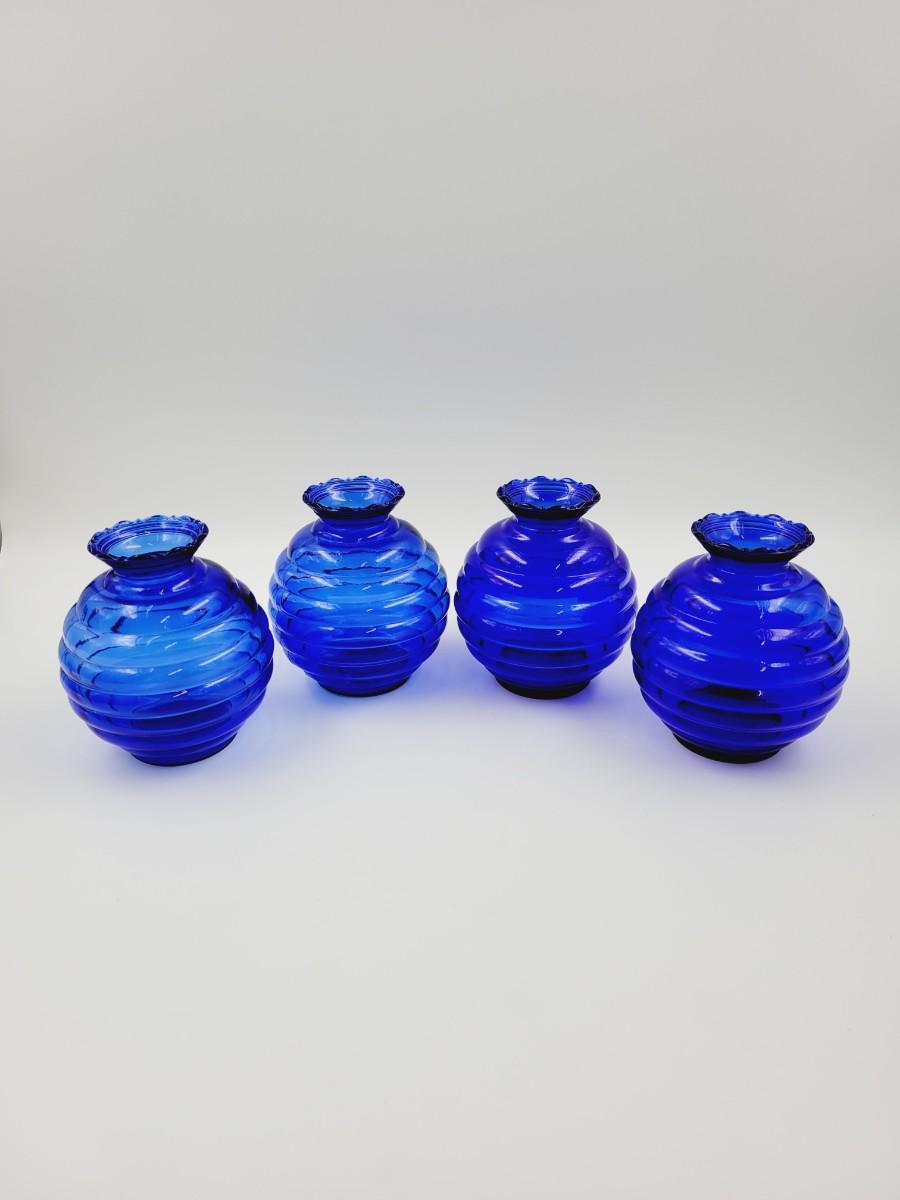 Vintage Cobalt Blue Ribbed Vases Marked Usa