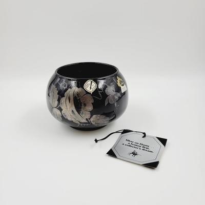 1980'S FENTON HAND PAINTED SILVER POPPIES ON BLACK EBONY BOWL