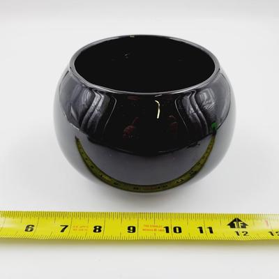 1980'S FENTON HAND PAINTED SILVER POPPIES ON BLACK EBONY BOWL