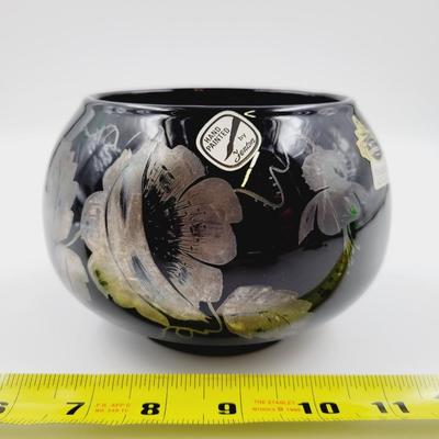 1980'S FENTON HAND PAINTED SILVER POPPIES ON BLACK EBONY BOWL