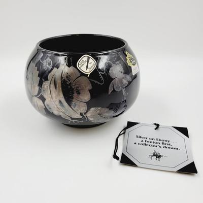 1980'S FENTON HAND PAINTED SILVER POPPIES ON BLACK EBONY BOWL
