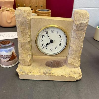 Limestone clock,painted shot glass, pottery vase