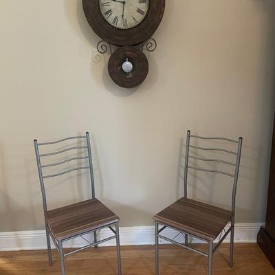 CHAIRS. Farmhouse wood & metal chairs  - set of 2. Gray  with brown wood seats