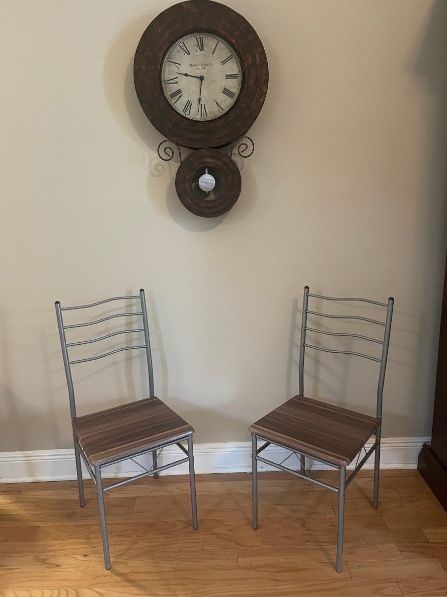 CHAIRS. Farmhouse wood & metal chairs set of 2. Gray with brown wood