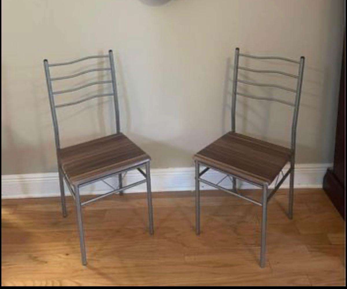 CHAIRS. Farmhouse wood & metal chairs set of 2. Gray with brown wood