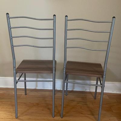 CHAIRS. Farmhouse wood & metal chairs  - set of 2. Gray  with brown wood seats