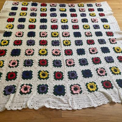 Beautiful  Hand-crocheted Afghan In White With Red, Blue, Yellow And Pink Florals.  This Is 90â€x 84â€