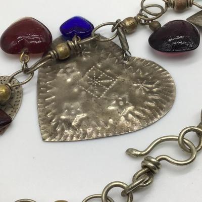 Unique Glass Heart Necklace Silver Tones
