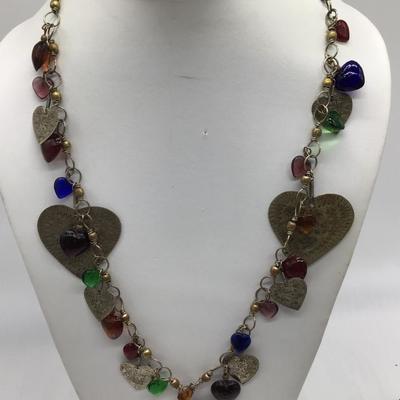 Unique Glass Heart Necklace Silver Tones