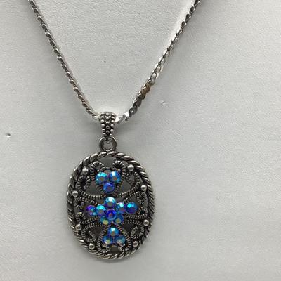 Blue  Necklace Silver Tone Rhinestone