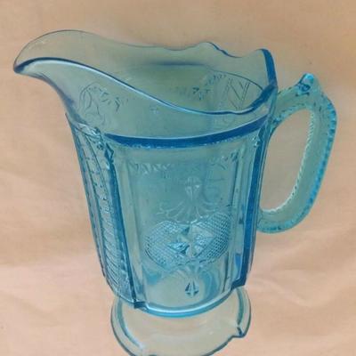 Glass Blue Pitcher Victorian Medallion AKA Heart and Spades Sapphire