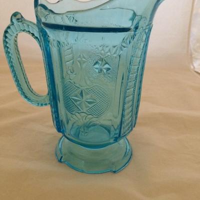 Glass Blue Pitcher Victorian Medallion AKA Heart and Spades Sapphire