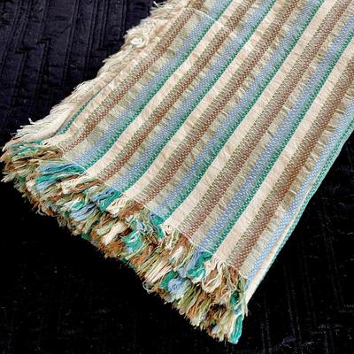 LOT 173  MCM BANQUET SIZE WOVEN TABLE CLOTH GREEN/BLUE/BROWN & METALLIC THREAD