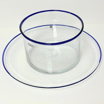 LOT 189   CLEAR GLASS BOWL & PLATTERS W/COBALT BLUE RIM