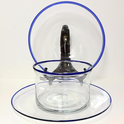 LOT 189   CLEAR GLASS BOWL & PLATTERS W/COBALT BLUE RIM