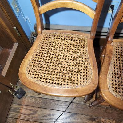 Pair Vintage Walnut Cane Seat w Carved Leg Spindles