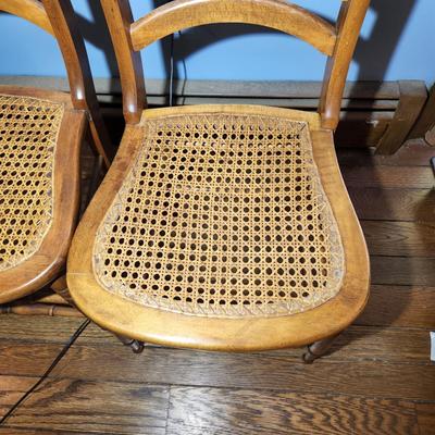 Pair Vintage Walnut Cane Seat w Carved Leg Spindles
