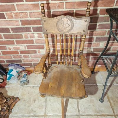 Antique 1800's Child Size Oak Wood Swivel Chair w Carved Dog Banister Spindle