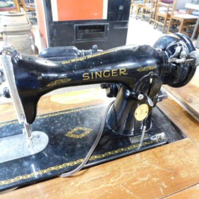Vintage Cast Body Electric Singer Sewing Machine with Knee Hole Desk Cabinet