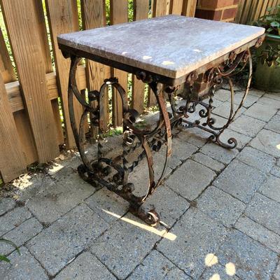 Outdoor Weathered Garden Metal Table w Stone Top