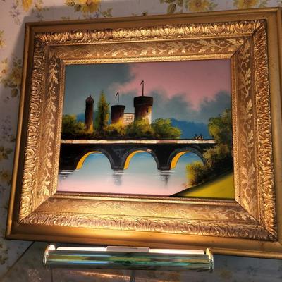 Antique Reverse Glass Painting Castle Bridge Water 29x26
