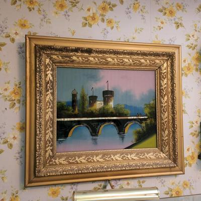 Antique Reverse Glass Painting Castle Bridge Water 29x26