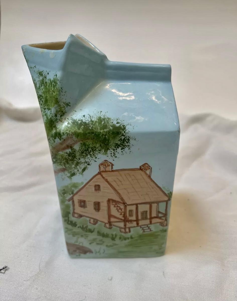 Handpainted ceramic milk carton vase or creamer. signed. Vintage