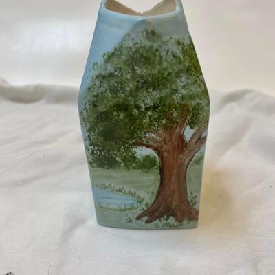 Handpainted ceramic milk carton vase or creamer. signed. Vintage