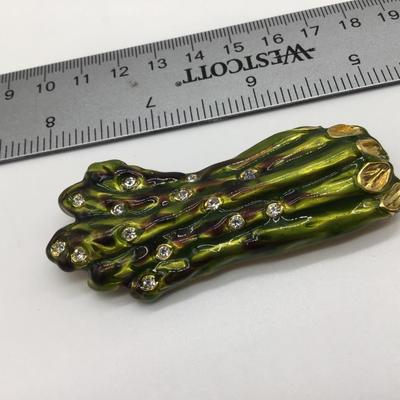 Vintage Saxon Signed Green Enamel Asparagus Brooch Gold Tone Crystal Accents