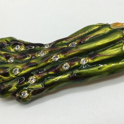 Vintage Saxon Signed Green Enamel Asparagus Brooch Gold Tone Crystal Accents